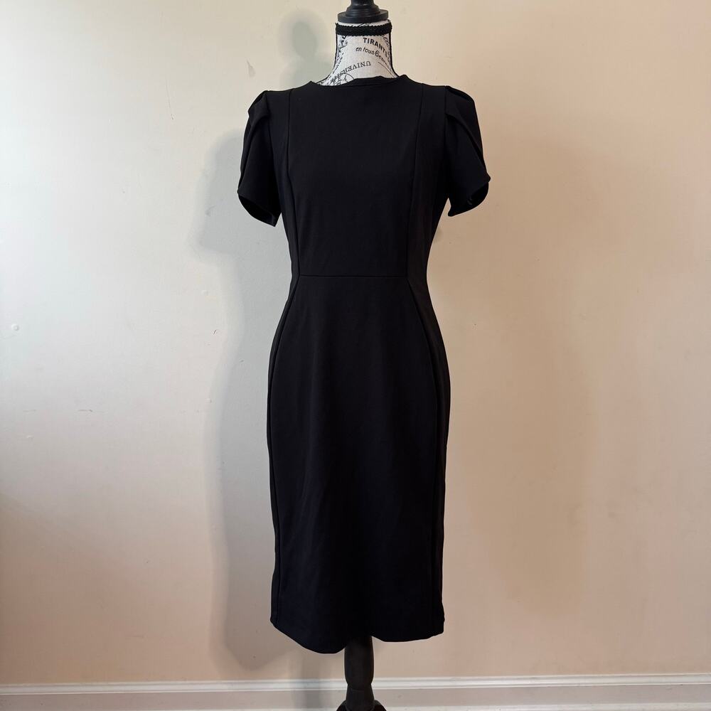 Calvin Klein Womens Black Petal Sleeve Sheath Dress Gold Zipper Size 6